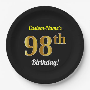 Black, Faux Gold 98th Birthday + Custom Name Paper Plate