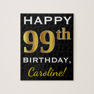 Black, Faux Gold 99th Birthday + Custom Name Jigsaw Puzzle