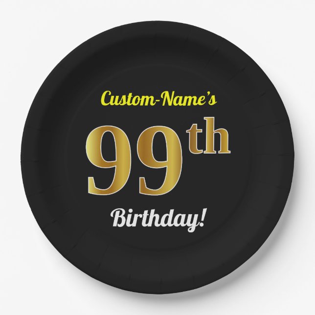 Black, Faux Gold 99th Birthday + Custom Name Paper Plate (Front)