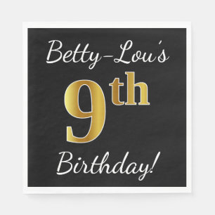 Black, Faux Gold 9th Birthday + Custom Name Napkin