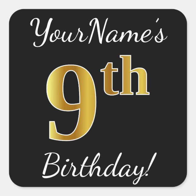 Black, Faux Gold 9th Birthday + Custom Name Square Sticker (Front)