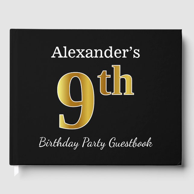 Black, Faux Gold 9th Birthday Party + Custom Name Guest Book (Front)