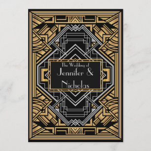 Black, Faux Gold and Silver Art Deco Gatsby Style Invitation
