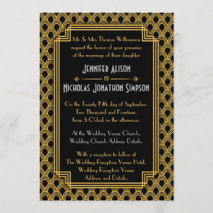 Black Faux Gold Art Deco Fans Pattern Wedding Invitation