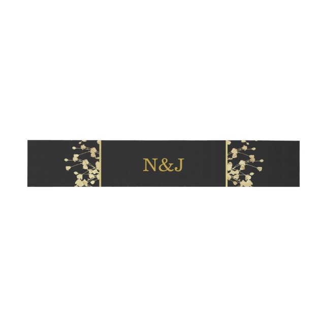 Black & Faux Gold Babys Breath Floral Wedding Invitation Belly Band (Flat)