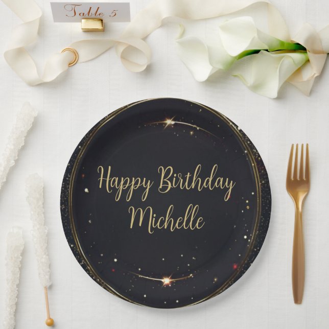 Black & Faux Gold Birthday  Paper Plate (Wedding)