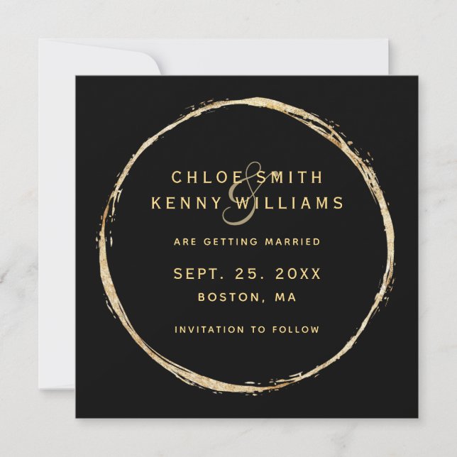 Black Faux Gold Circle Frame Photo Wedding Save The Date (Front)