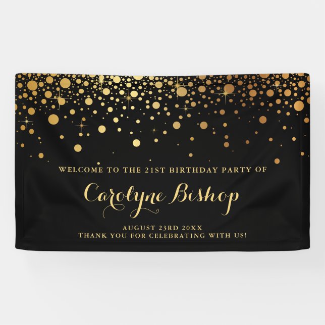 Black | Faux Gold Confetti Birthday Party Banner (Horizontal)