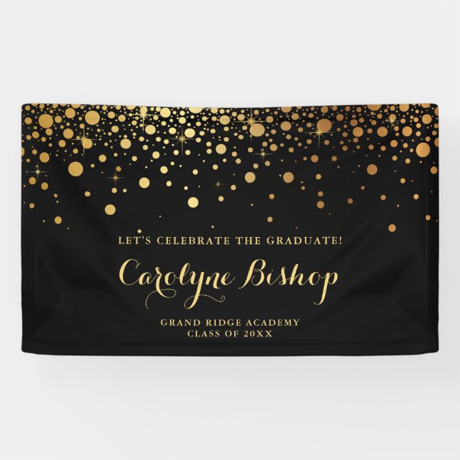 Black | Faux Gold Confetti Graduation Party Banner (Horizontal)
