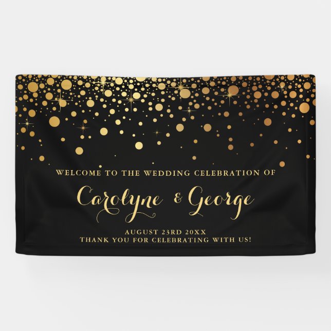Black | Faux Gold Confetti Wedding Welcome Banner (Horizontal)