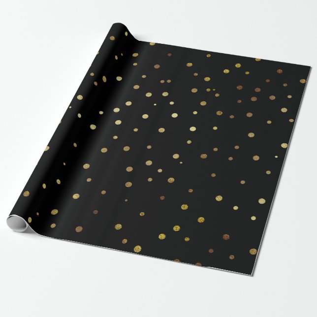 Black & Faux Gold Cute Festive Confetti Wrapping Paper (Unrolled)