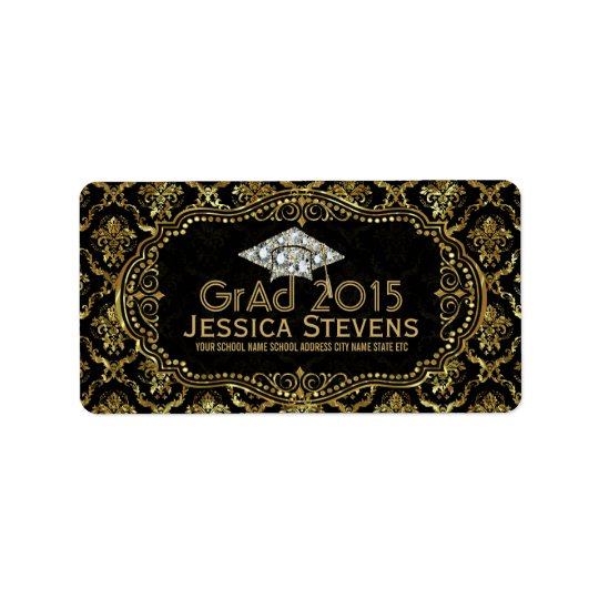 Black & Faux Gold Damasks & Glitter Grad Hat 2 Address Label