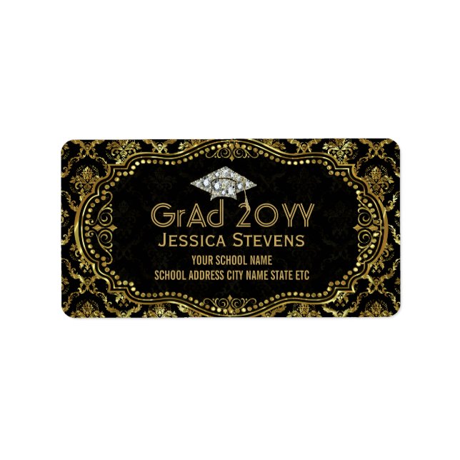 Black & Faux Gold Damasks & Glitter Grad Hat 2 Label (Front)