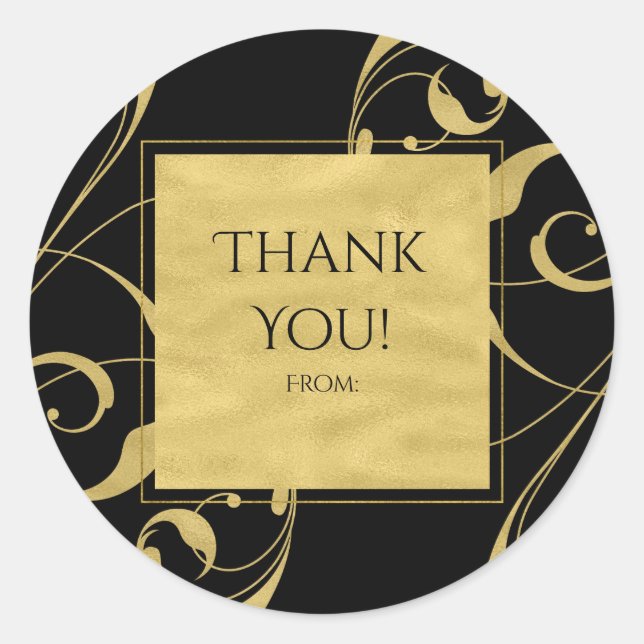 Black & Faux Gold Floral Swirl Elegant Wedding Classic Round Sticker (Front)