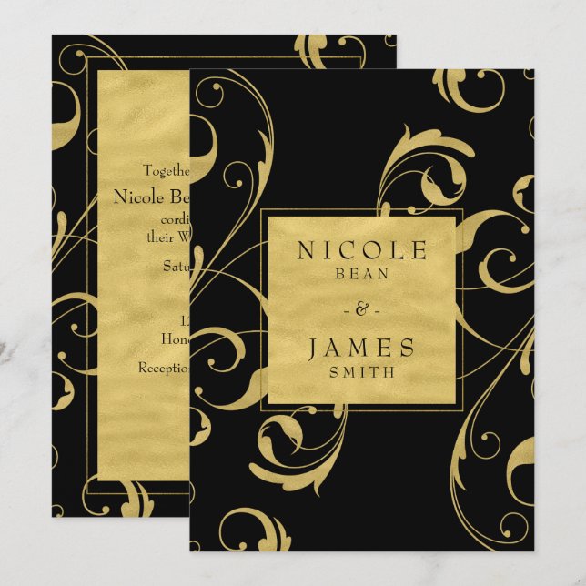 Black & Faux Gold Floral Swirl Elegant Wedding Invitation (Front/Back)