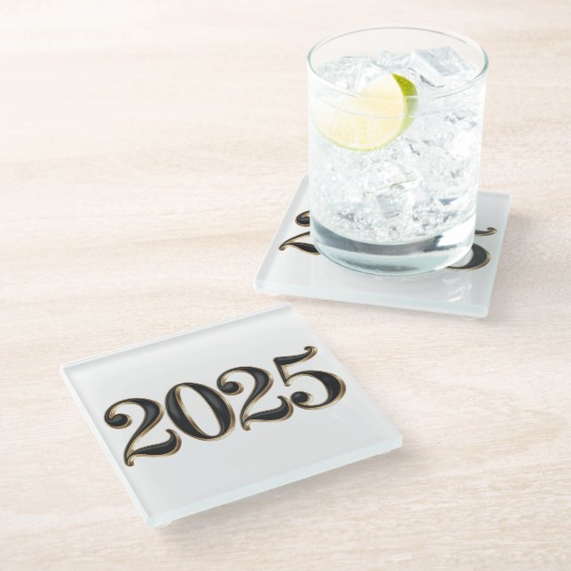 Black Faux Gold Foil 2025 Year Glass Coaster (Angled)