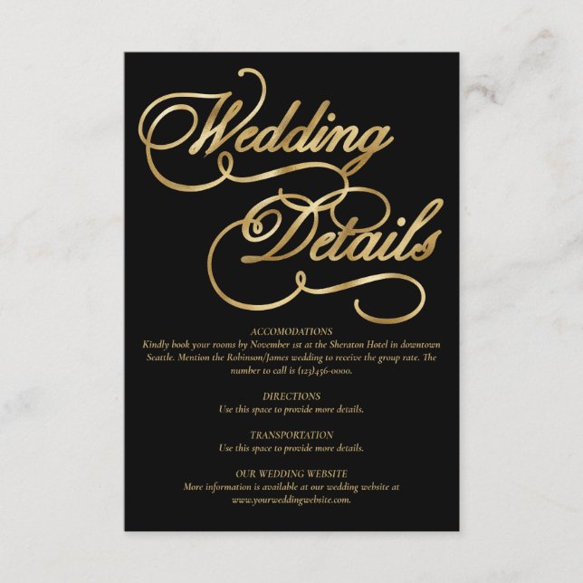 Black & Faux Gold Foil Calligraphy Formal Wedding Enclosure Card (Front)
