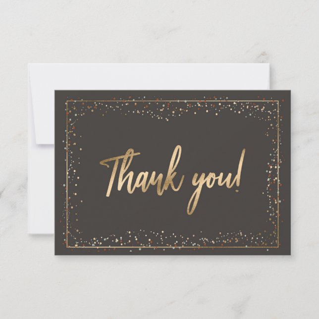 Black & Faux Gold Foil Confetti Chic Brush Script Thank You Card (Front)