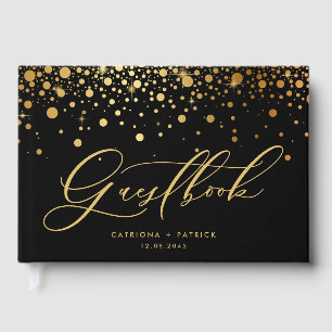 Black Faux Gold Foil Confetti Dots Wedding Guest Book