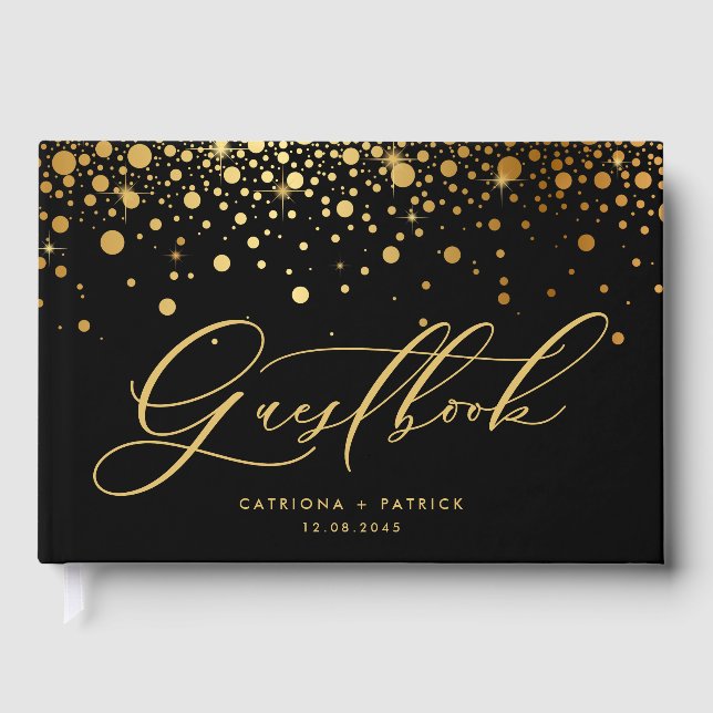Black Faux Gold Foil Confetti Dots Wedding Guest Book (Front)