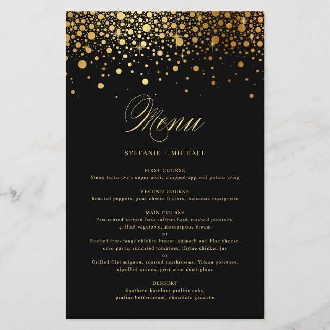 Black Faux Gold Foil Confetti Wedding Menu Card (Front)