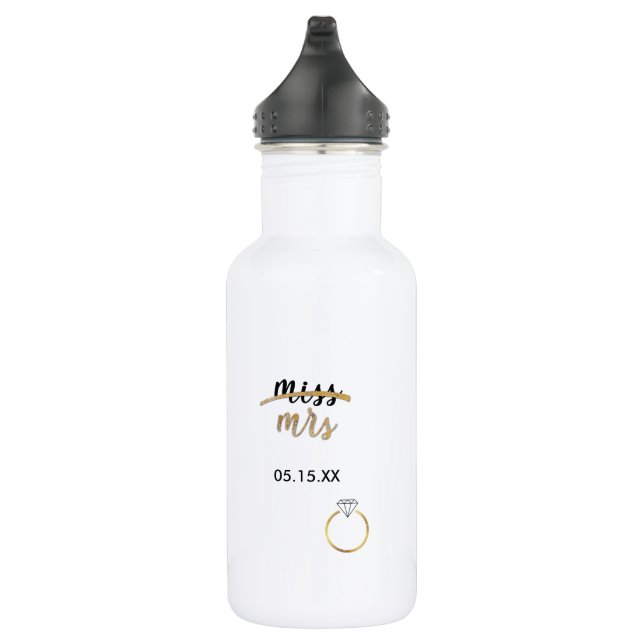 Black & Faux Gold Foil Miss Mrs. Date Water Bottle (Right)