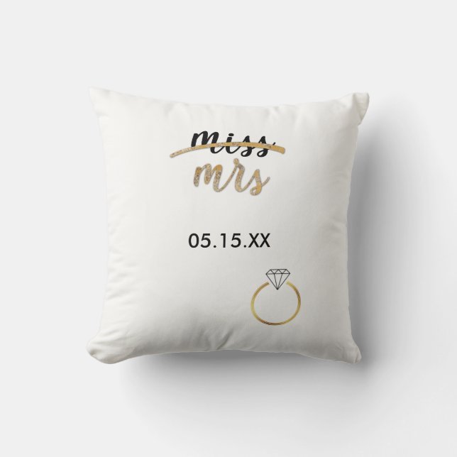 Black & Faux Gold Foil Miss Mrs. Name Date Pillow (Front)