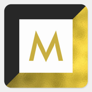 Black Faux Gold Foil Monogram Square Sticker