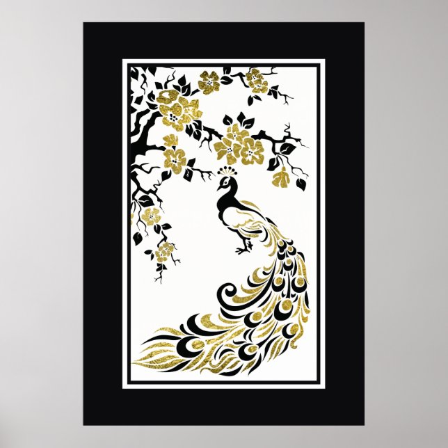Black, faux gold foil peacock and cherry blossoms poster (Front)