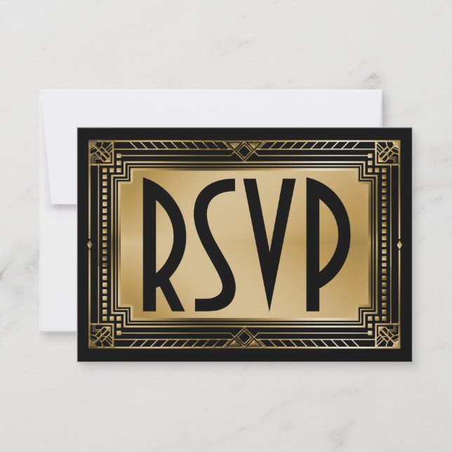 Black & Faux Gold Gatsby Geometric Wedding RSVP Card (Front)