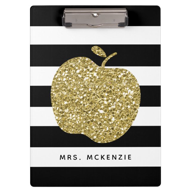 Black & Faux Gold Glitter Apple Teacher Clipboard (Front)
