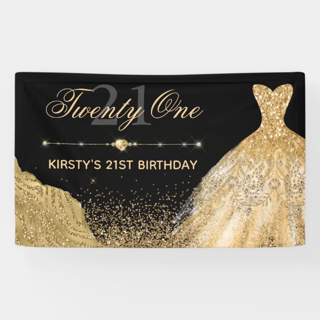 Black & Faux Gold Glitter & Dress 21st Birthday Banner (Horizontal)