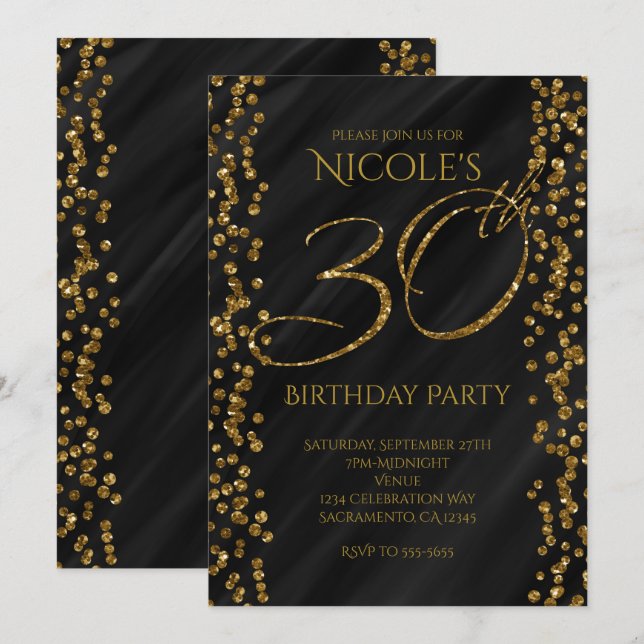 Black & Faux Gold Glitter Glam 30 30th Birthday Invitation (Front/Back)