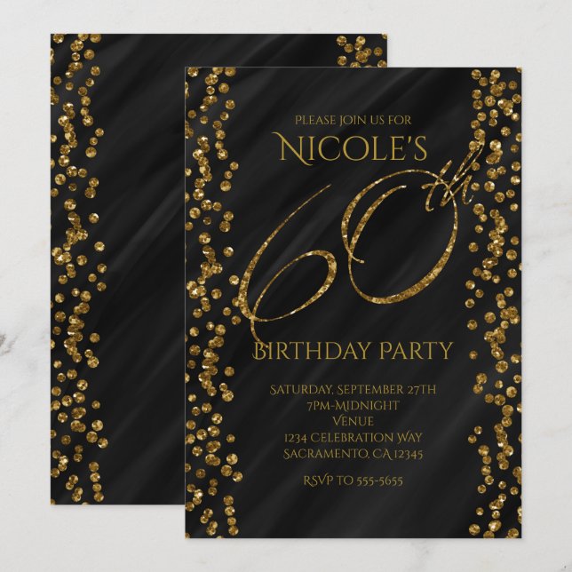 Black & Faux Gold Glitter Glam 60 60th Birthday Invitation (Front/Back)