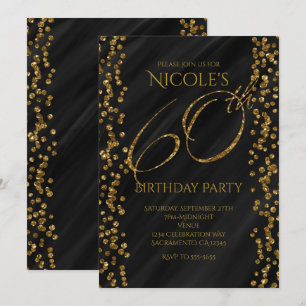 Black & Faux Gold Glitter Glam 60 60th Birthday Invitation