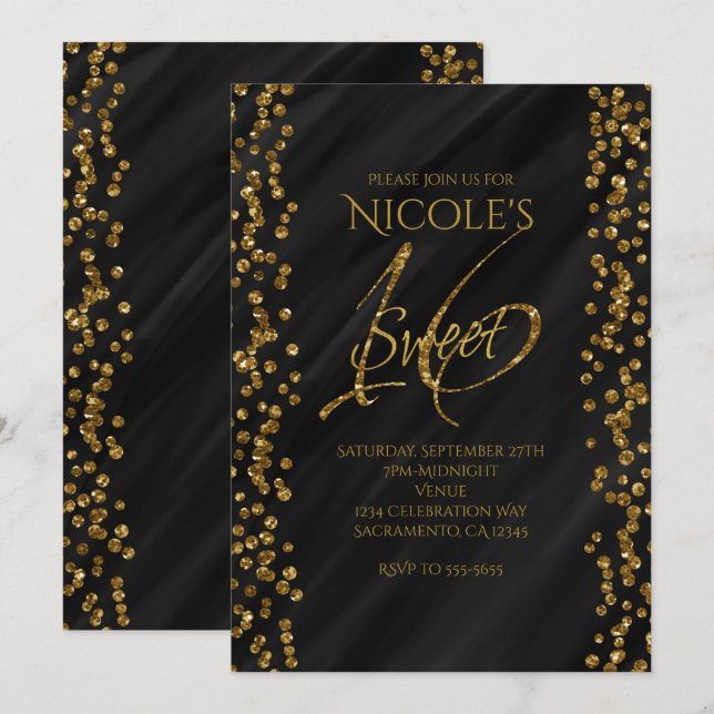 Black & Faux Gold Glitter Glamour SWEET 16 Sixteen Invitation (Front/Back)