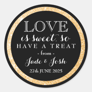 Black Faux Gold Glitter Love is Sweet Wedding Classic Round Sticker