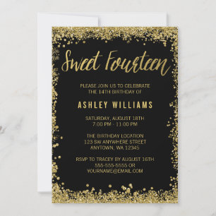 Black Faux Gold Glitter Sweet 14th Birthday Party Invitation