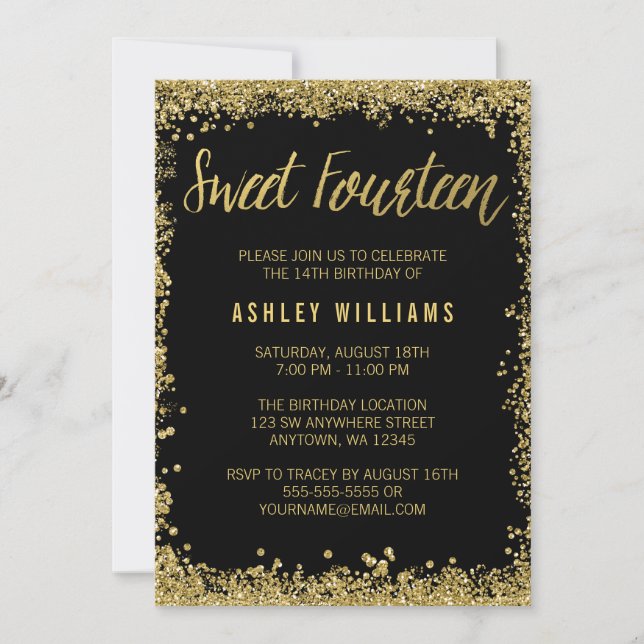 Black Faux Gold Glitter Sweet 14th Birthday Party Invitation (Front)