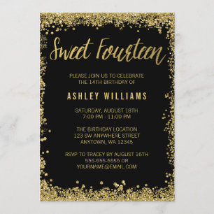 Black Faux Gold Glitter Sweet 14th Birthday Party Invitation