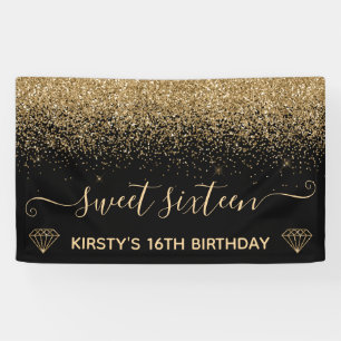 Black & Faux Gold Glitter Sweet 16 Banner