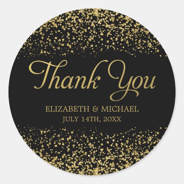 Black Faux Gold Glitter Wedding Thank You Classic Round Sticker (Front)