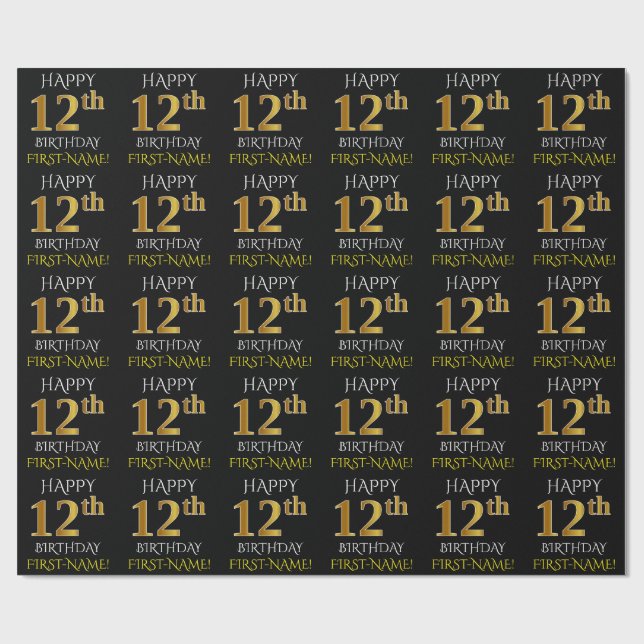 Black, Faux Gold "HAPPY 12th BIRTHDAY" Wrapping Paper (Flat)