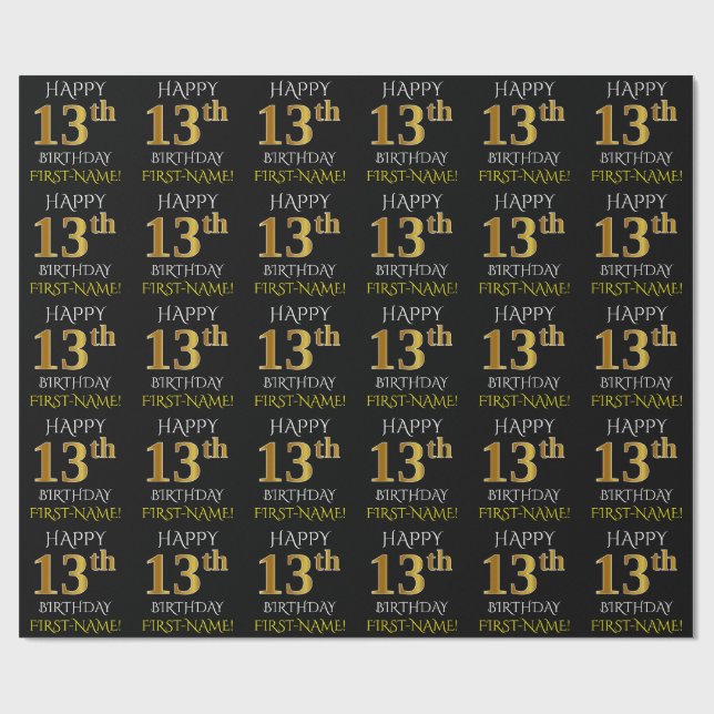 Black, Faux Gold "HAPPY 13th BIRTHDAY" Wrapping Paper (Flat)