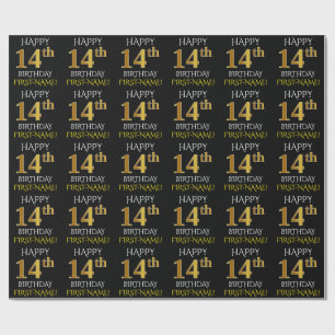 Black, Faux Gold "HAPPY 14th BIRTHDAY" Wrapping Paper