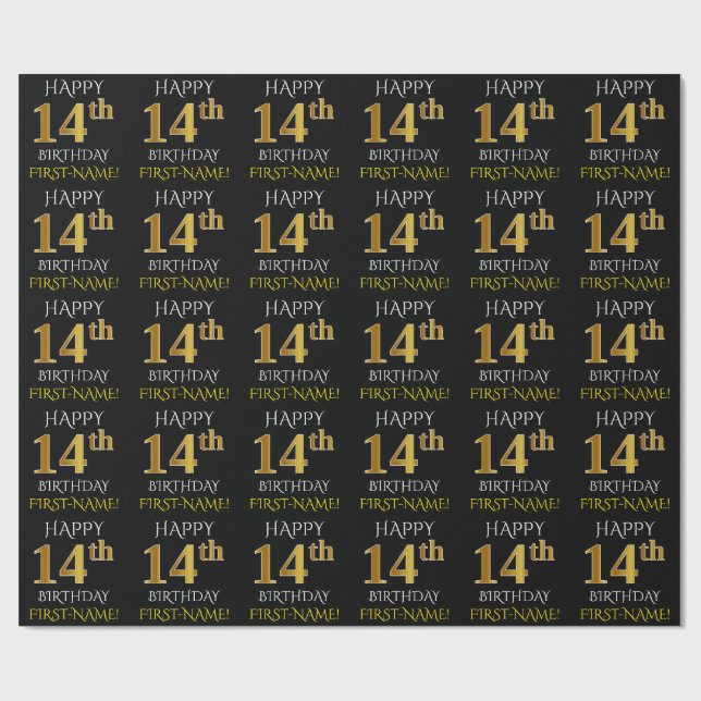 Black, Faux Gold "HAPPY 14th BIRTHDAY" Wrapping Paper (Flat)