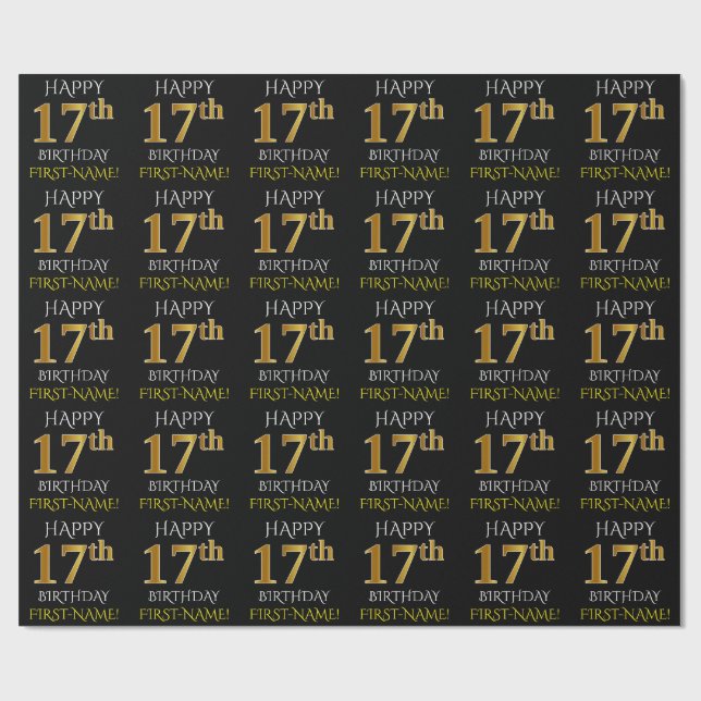 Black, Faux Gold "HAPPY 17th BIRTHDAY" Wrapping Paper (Flat)