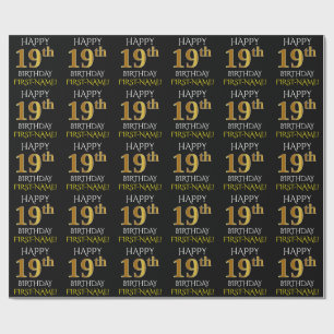 Black, Faux Gold "HAPPY 19th BIRTHDAY" Wrapping Paper