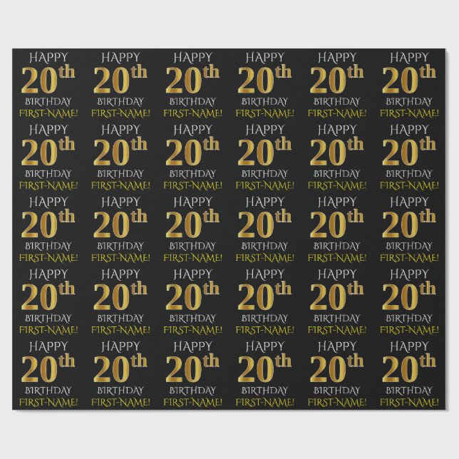 Black, Faux Gold "HAPPY 20th BIRTHDAY" Wrapping Paper (Flat)