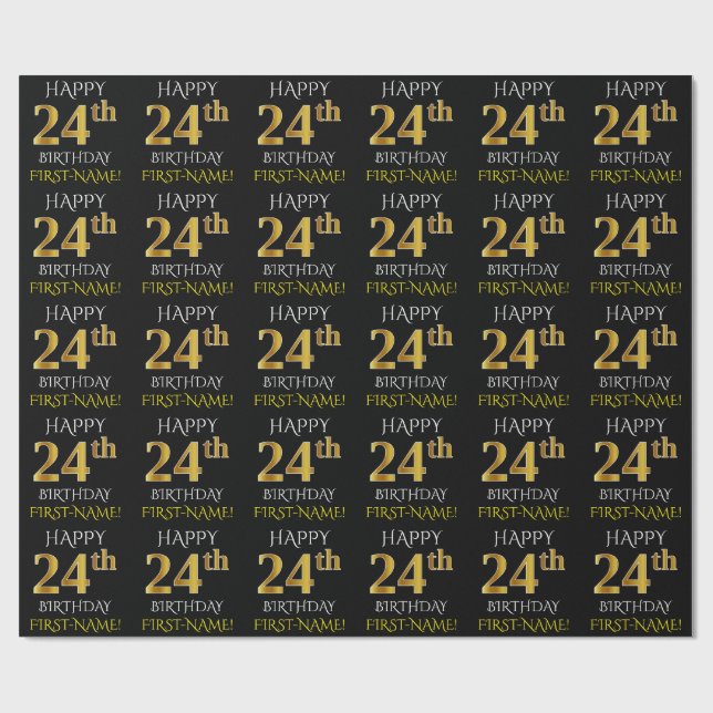Black, Faux Gold "HAPPY 24th BIRTHDAY" Wrapping Paper (Flat)